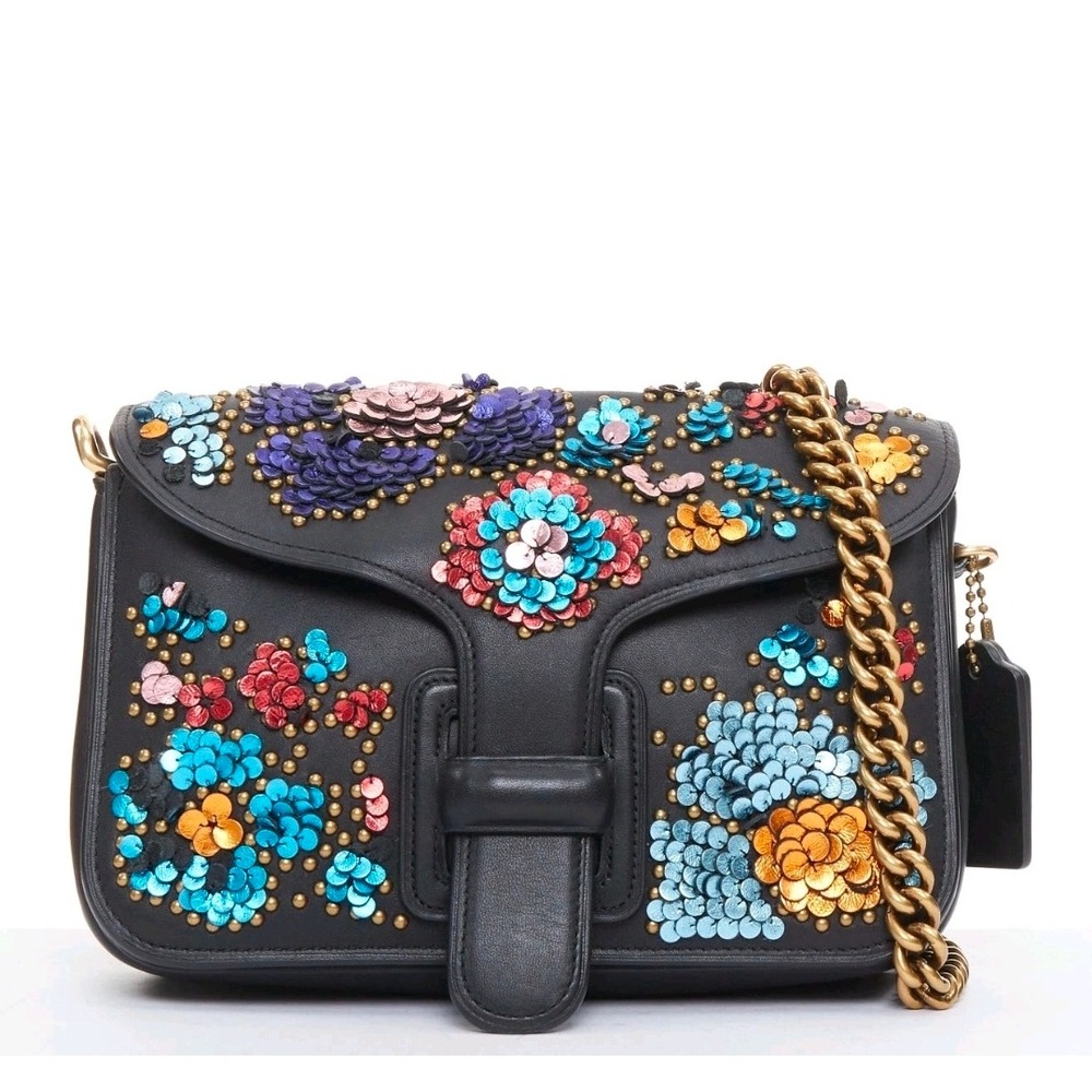 Coach x Rodarte Sequin Floral Glovetanned Leather Crossbody Bag Black 18648